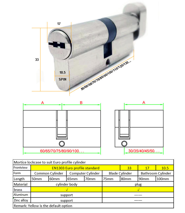 Mortise Door Lock Brass Key Cylinder